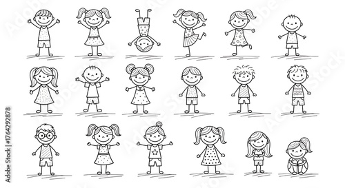 Collection of Diverse Stick Figure Children Poses and Expressions.