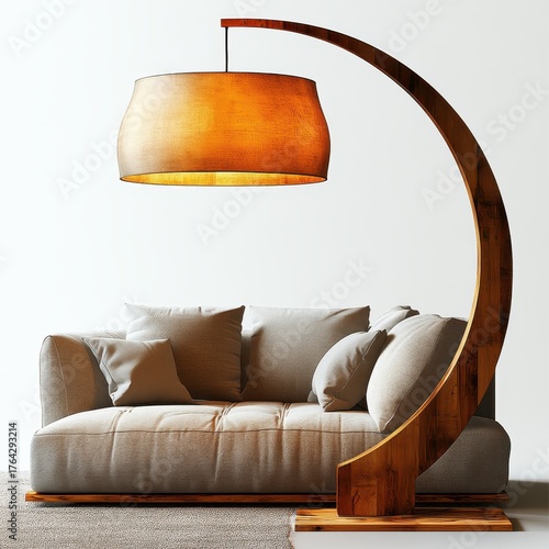 Modern wooden arc floor lamp featuring a beige shade. 