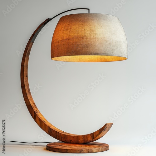 Modern wooden arc floor lamp featuring a beige shade. 