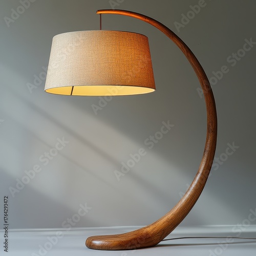 Modern wooden arc floor lamp featuring a beige shade. 