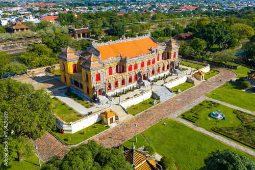 Aerial view of Hue Citadel and view of Hue city, Vietnam. Imperial Royal Palace of Nguyen dynasty.