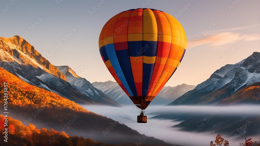 Obraz premium A vibrant hot air balloon ascends into the sky, offering breathtaking views of colorful autumn foliage and majestic mountains during sunrise. The scene captures nature's beauty and tranquility.