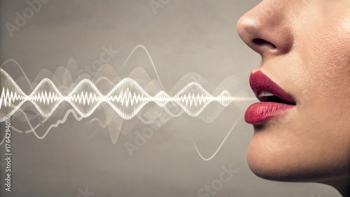 Woman showing lips emitting sound waves in photorealistic style
