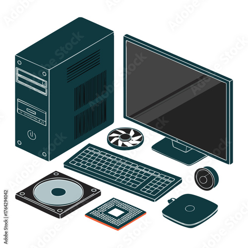 Isometric computer components including tower keyboard monitor hard drive and C P U technology