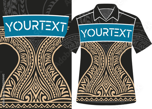 Polynesian Tribal Shirt Design, Jersey vector Template with Customizable Text, custom t shirt sport, Stylized Tatto motif Tribal Polynesian, Samoan, Island, ethnic traditional cultural dress design 