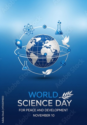 World science day for peace and development globe and scientific symbols
