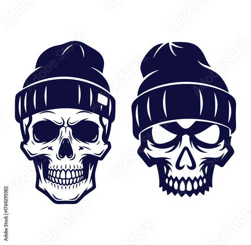 Artistic vector illustration of two detailed skull heads wearing beanies against white background