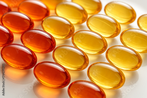 Assorted capsules in amber and yellow colors on white surface  