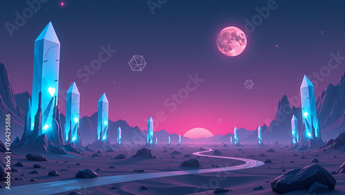 Wallpaper Mural A minimalistic landscape depicting a deserted alien world illuminated by towering crystal formations that glow softly with neon light. The sky fades from deep purple to electric blue, where two lumino Torontodigital.ca