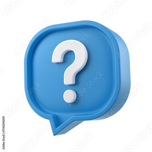 3D Blue Speech Bubble with White Question Mark – Help and Support Icon Isolated on White,Customer Inquiry and Assistance Symbol – 3D Question Mark Bubble Illustration