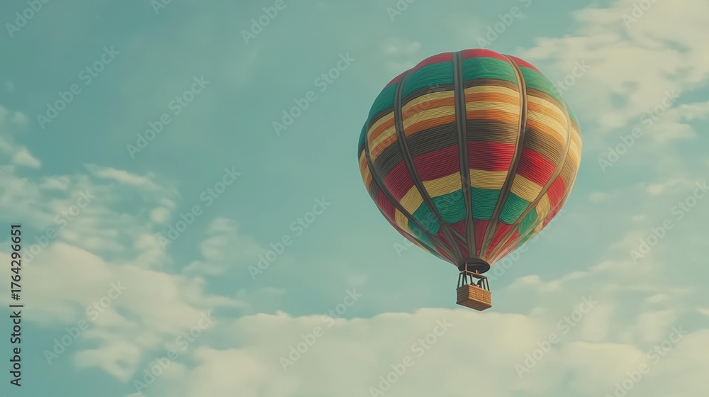 Fototapeta premium A colorful hot air balloon floats against a light blue sky dotted with fluffy white clouds. AI.