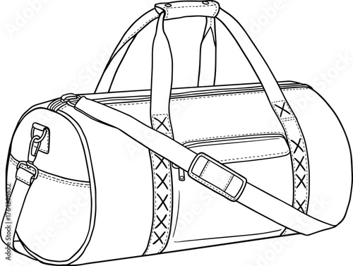 Duffel bag design, stylish travel gym bag, shoulder strap luggage, detailed stitch pattern, fashion accessory, CAD drawing flat vector illustration, outline