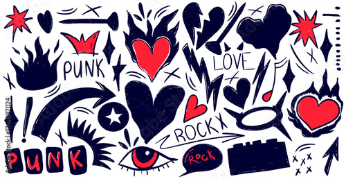Hand drawn punk doodle set with wild scribble lines. Rock vibe and fire tattoo elements reflect raw punk energy and rebellious rock music style.