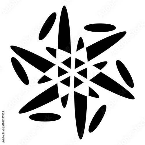 Black geometric flower on white background.
