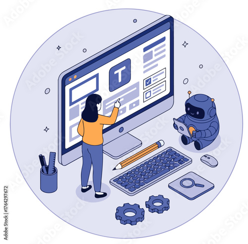Generative AI Technology Concept. Character Creating Content, Images and Text with Artificial Intelligence Tools. Flat Isometric Vector Illustration.