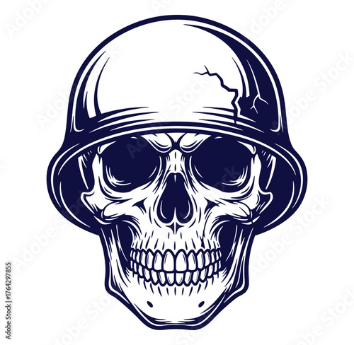 Detailed illustration of a skull wearing a military helmet depicting death and danger