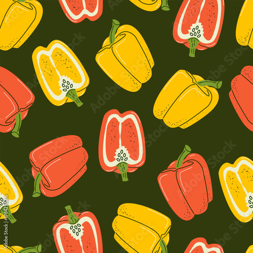 Seamless pattern with sweet peppers. Great for healthy food menu or packaging. Ingredients for cooking sauces and salads of vegetarian diet