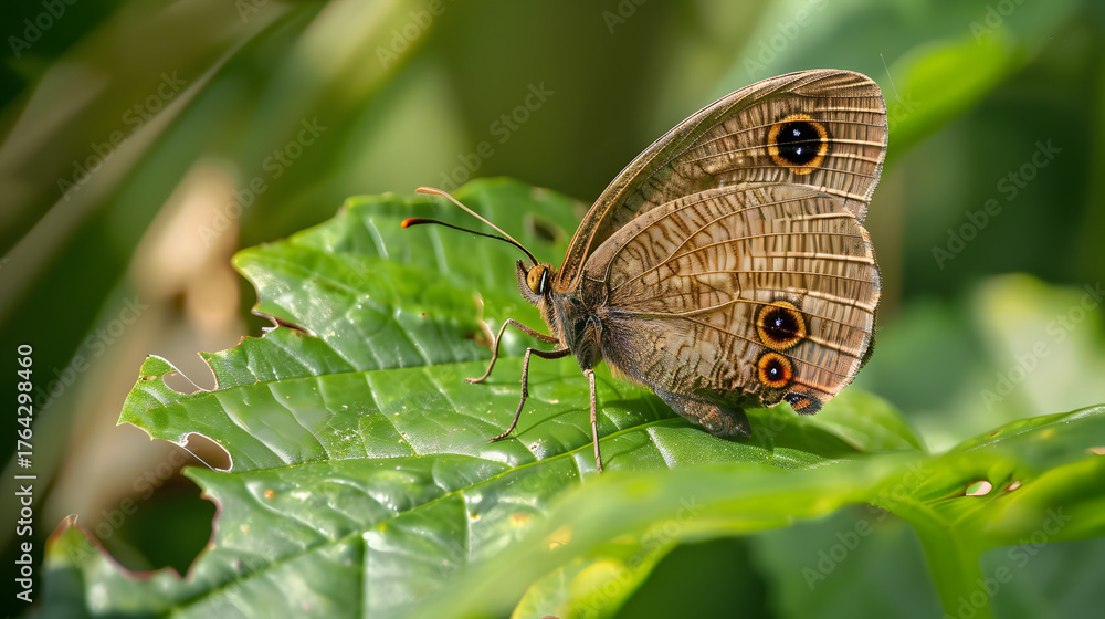 Fototapeta premium Butterfly perched on green leaf