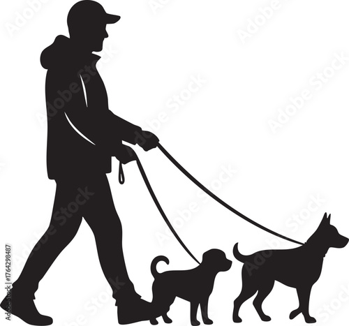 Man Walking Two Dogs Silhouette Vector Illustration