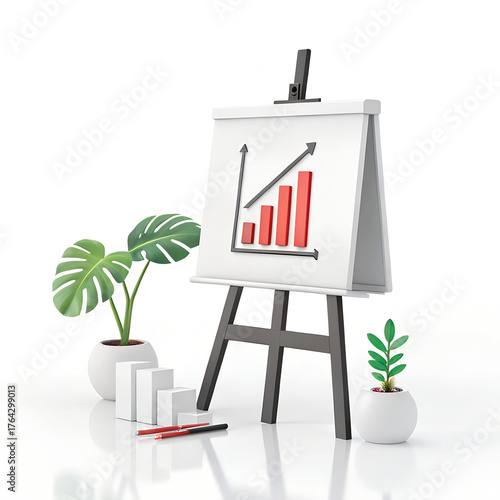 3D Rendered White Presentation Board on Easel Showing Downward Bar Graph Isolated on White,Realistic 3D Icon of Business Decline Chart on Presentation Board with Easel and Light Blue Background