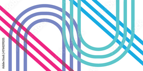 Abstract design with overlapping colorful lines forming arches and diagonal stripes on a white background.
