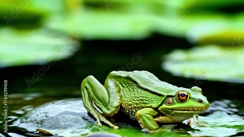 Exploring a tranquil pond with a vibrant green frog resting on a stone