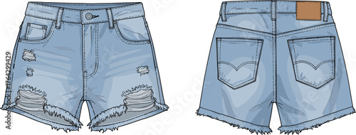 Blue denim ripped shorts front and back view with stitching details and torn edges for fashion design, cad drawing flat vector illustration