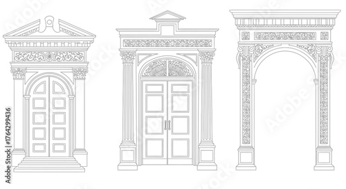 Detailed line drawings of three classical architectural doorway designs displayed