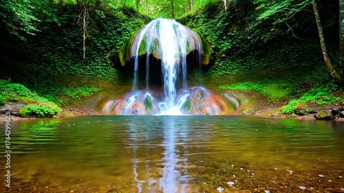 Majestic waterfall flows into tranquil pool surrounded by lush green forest