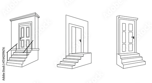 Simple line drawing of three exterior doorways with steps and details