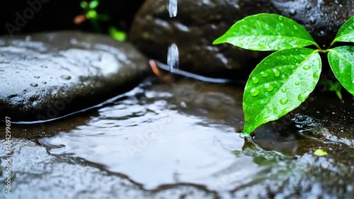 Gentle rain creates ripples on stones while leaves glisten in serene nature setting