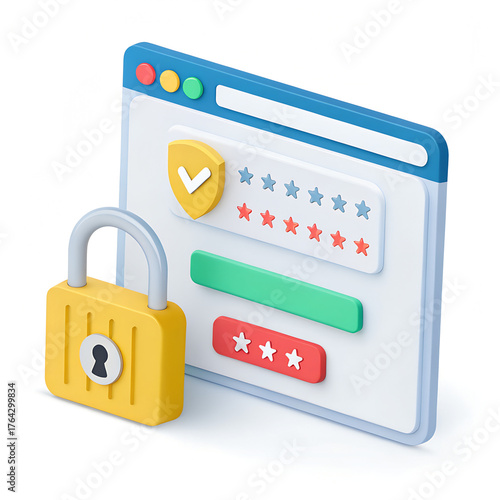 3D Web Browser Window with Locked Yellow Padlock and Password Fields Symbolizing Secure Login