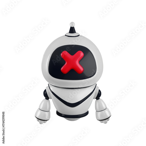 Vector Cartoon 3d No robots prohibition sign. Realistic 3d render red block cross icon on robot face screen. Ban generated content, forbidden smart bot use, blocked chat bot concept.