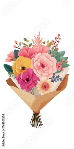 A vibrant bouquet of assorted flowers, featuring pink, yellow, and orange blooms, beautifully arranged and wrapped in decorative paper.