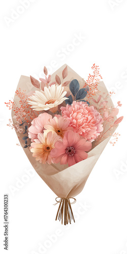 A beautiful bouquet featuring various pastel-colored flowers, including daisies and peonies, wrapped elegantly in paper.