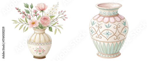 Two decorative vases, one adorned with flowers and the other featuring intricate patterns, showcasing artistic design and craftsmanship.