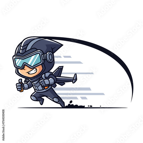 Cartoon character with jetpack running fast, showing speed and determination.