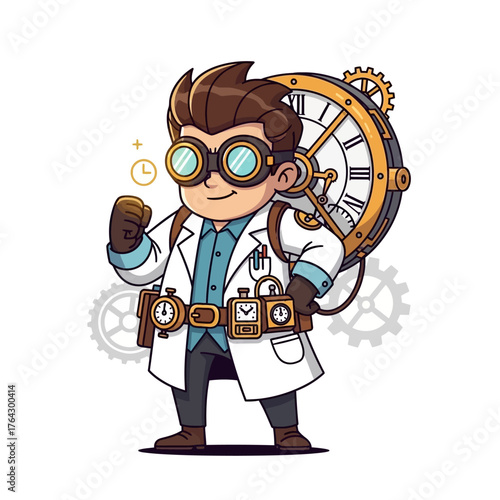 Cartoon illustration of a young male scientist or inventor wearing goggles and a lab coat, with a large clockwork mechanism on his back, representing time trave