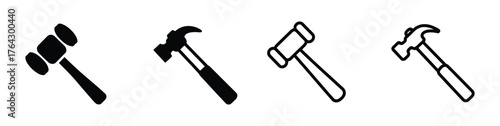 A set of hammer icons in various styles, including solid and outline designs, , representing construction, repair, and tool usage