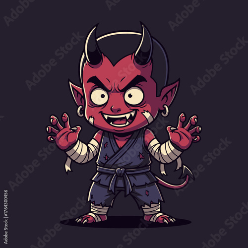 Chibi Devil Character with Horns and Martial Arts Attire.
