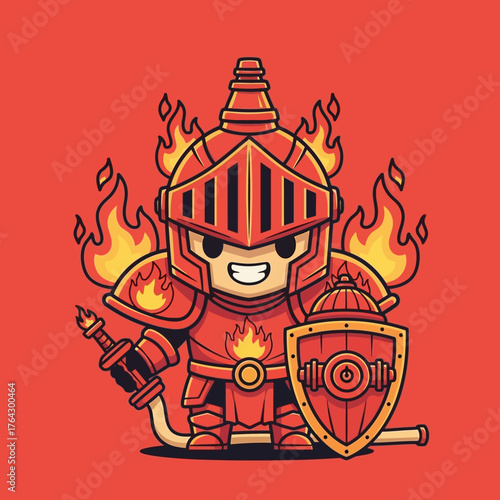 Chibi Fire Knight with Fire Extinguisher and Shield on Red Background.