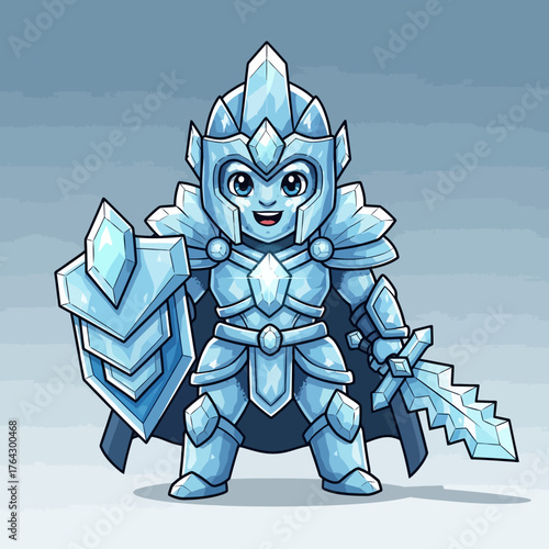 Chibi Ice Knight Character with Sword and Shield.