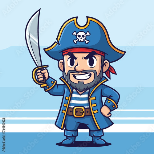 Cute Cartoon Pirate Character Holding a Sword.