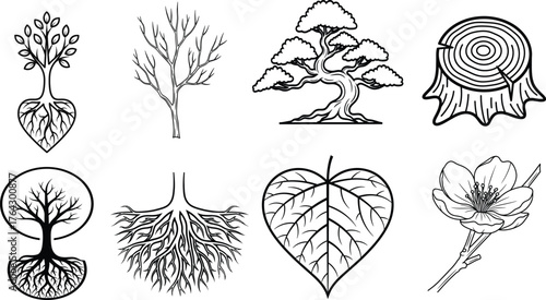 Collection of stylized black and white botanical illustrations featuring trees roots leaves and a mushroom cluster