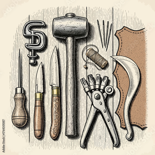 A vintage-style illustration of various leatherworking tools, including a mallet, knives, awl, punch, and thread, arranged on a wooden background.