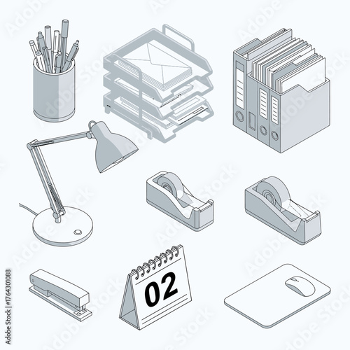 Isometric line art illustration of various essential office supplies and stationery items for a productive workspace.