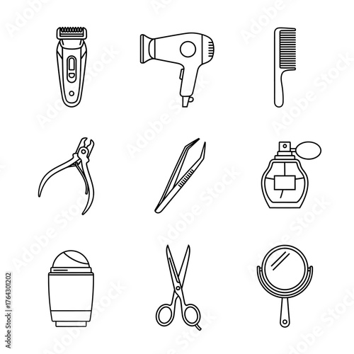 A collection of nine outline icons depicting various personal grooming and beauty tools, including a shaver, hair dryer, comb, nail clippers, tweezers, perfume, deodorant, scissors, and a hand mirror.