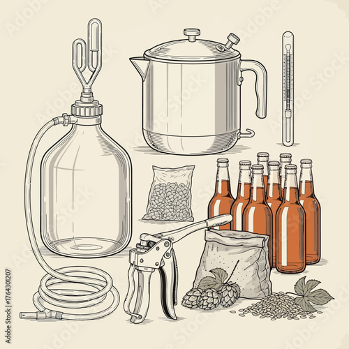 An illustration of homebrewing equipment and ingredients, including a carboy, kettle, thermometer, hops, grains, beer bottles, and a capper.