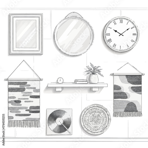 A detailed black and white sketch of various home decor items arranged on a wall, including mirrors, a clock, wall hangings, a shelf with a plant, a vinyl record, and a decorative plate.