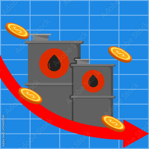 Falling oil prices concept. Oil barrel with downward trend. Economic decline, financial crisis, or energy market recession.